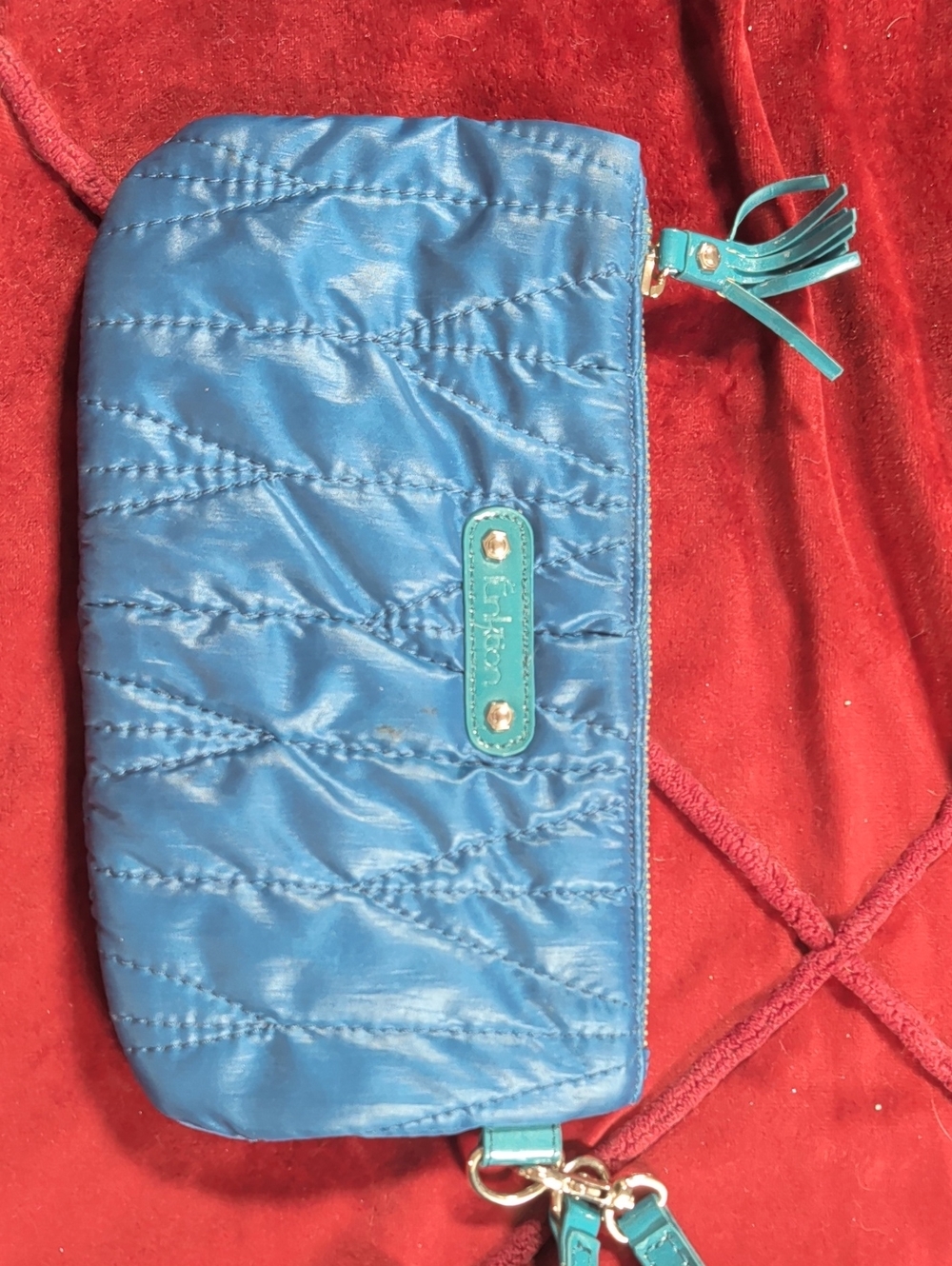 Quilted Blue Wristlet Clutch with Tassel Zip